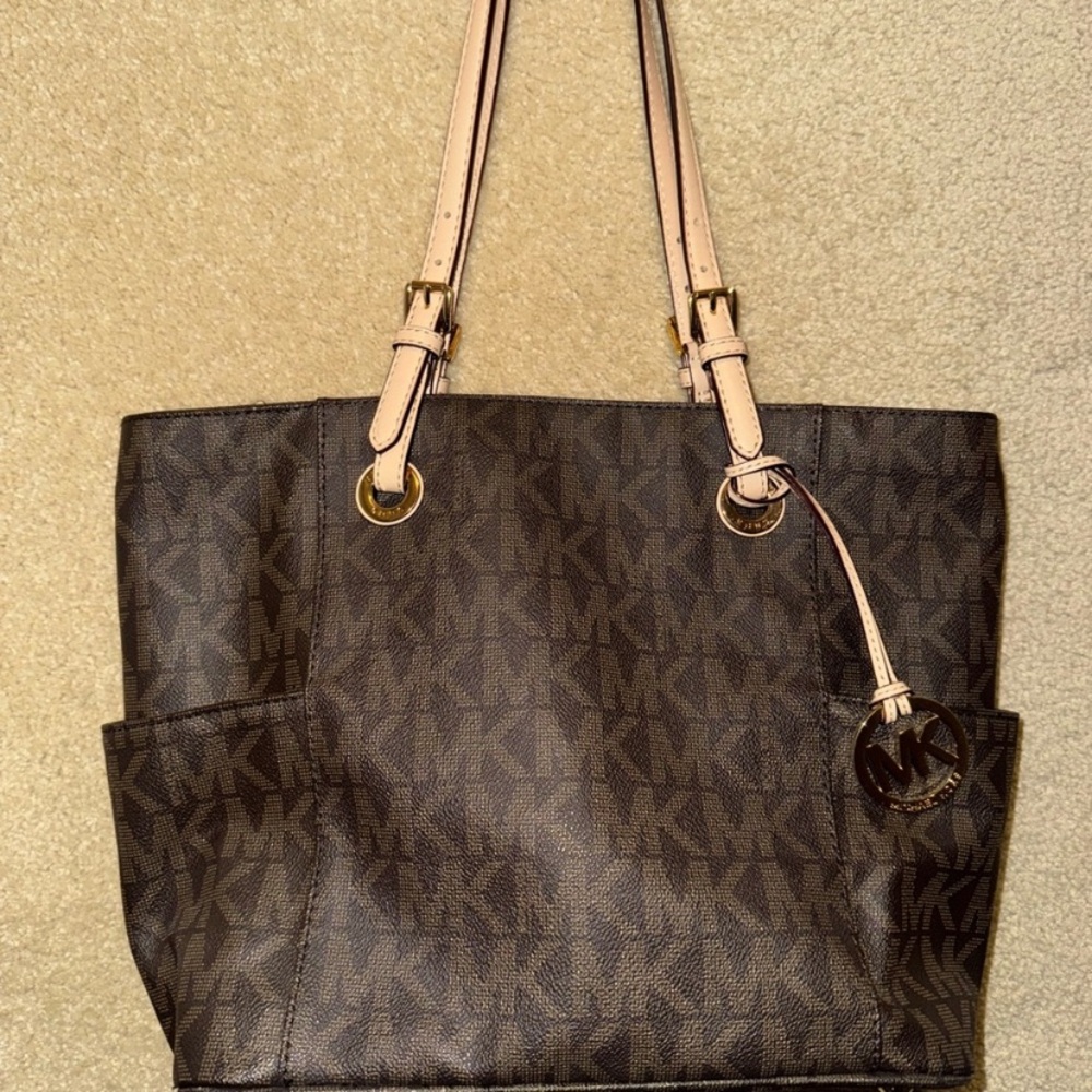 Michael Kors W/Dustbag Dark Brown Signature Tote with Tan Handles + MK Dust Bag